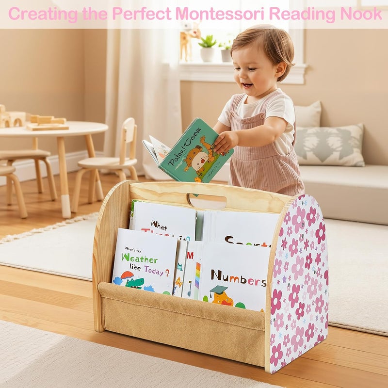 SheSeek Toddler Bookshelf Double-Sided with 4 Tier Deep Sleeves Kids Wooden Montessori Book Rack for Baby Nursery Room, Playroom, Classroom or Bedroom Bookcase Storage Organizer, Pink Flowers - Image 5